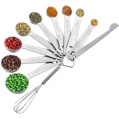 Measuring Spoons Stainless Steel Set of 11 Includes Measuring Spoons Leveler and Whisk Kitchen Measuring Tools Set